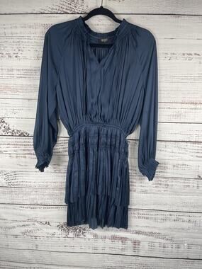 Reset Dress Women's SZ S Blue Long Sleeve Pleated Smocked Waist Mini Boho Style
